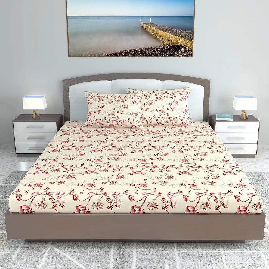 Divine Casa Floret 100% Cotton King Fitted Bedsheet 144 TC Deep Pocket Design Soft & Breathable Fabric Colour Summer Fern
