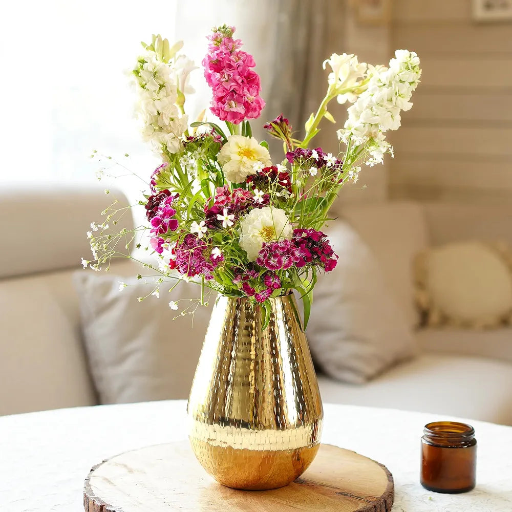 Behoma Drop Shape Metal Hammered Flower Vase 7.5 inches Golden 1 Pc Flowers not Included