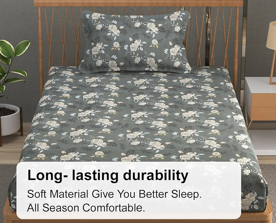 Fresh From Loom Single Bed Microfiber Bedsheet with Floral Print 240 TC 1 Pillow Covers Rose-Oslo-Grey
