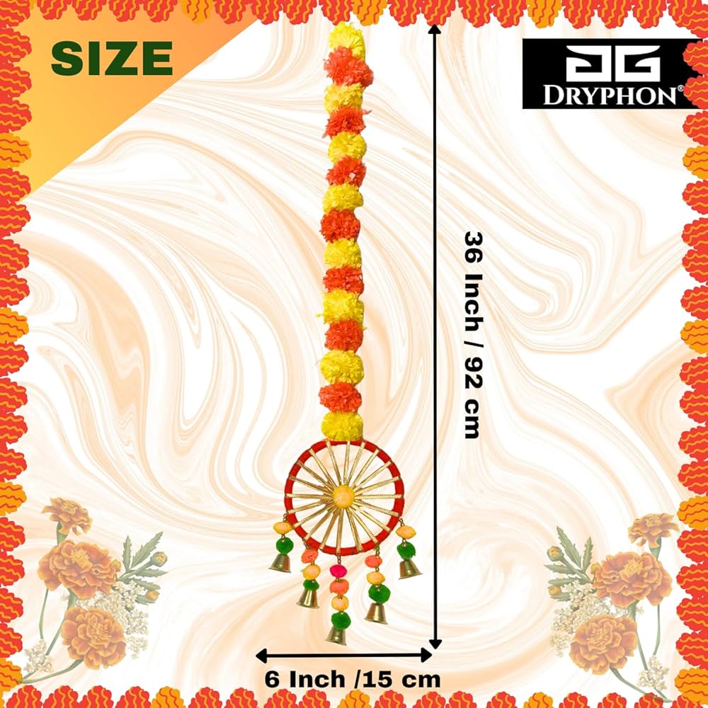 Artificial Marigold Flowers for Decoration with Pom Pom Ring Bell Hanging Garlands Yellow Orange