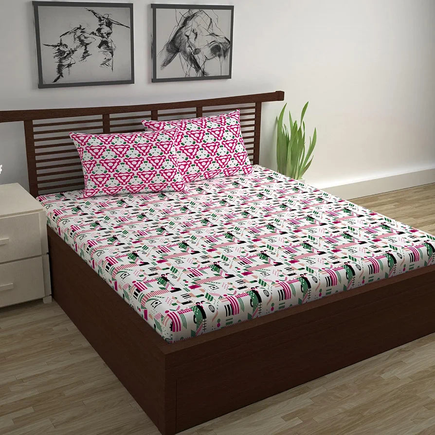 Divine Casa 144 TC Super Soft Cotton Bedsheet for Double Bed  144 Thread Count Abstract Colour Pink & White