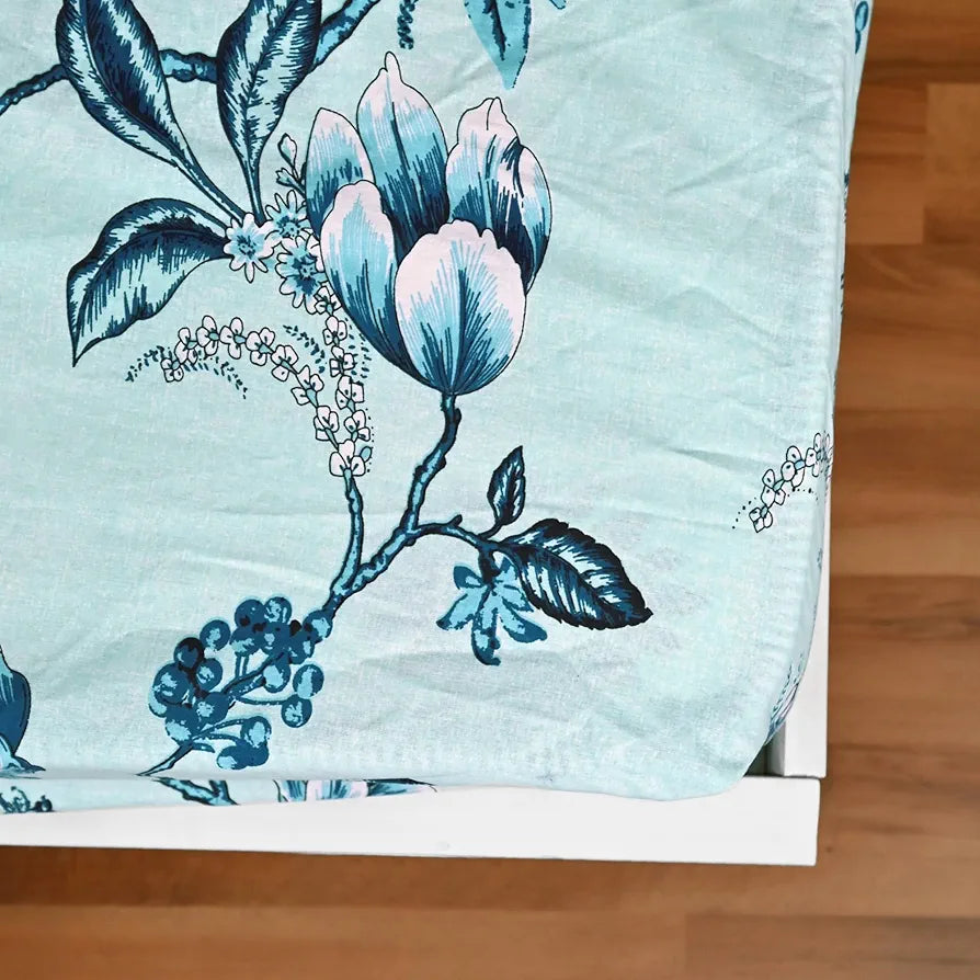 Divine Casa Floret 100% Cotton King Fitted Bedsheet 144 TC Deep Pocket Design Soft & Breathable Fabric Colour Winter Fern