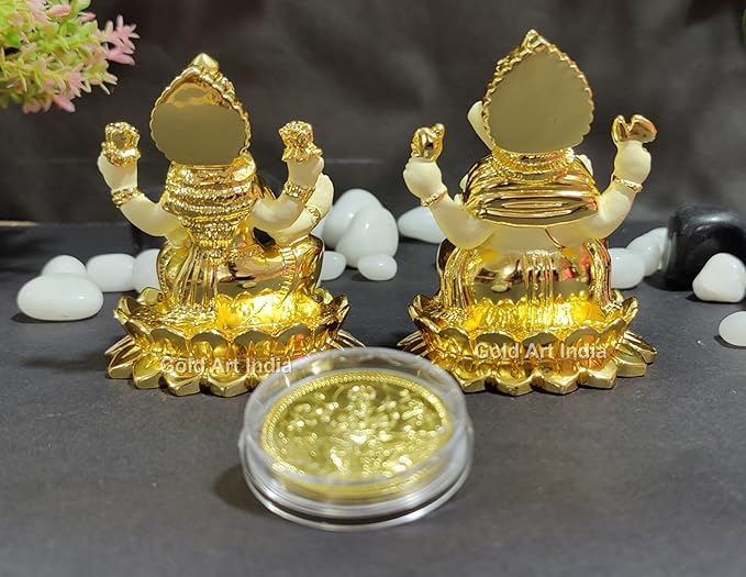 Gold Art India Kamal Laxmi Ganesh Gold Plated Off White Terracotta Idol for Home Gold Plated Coin