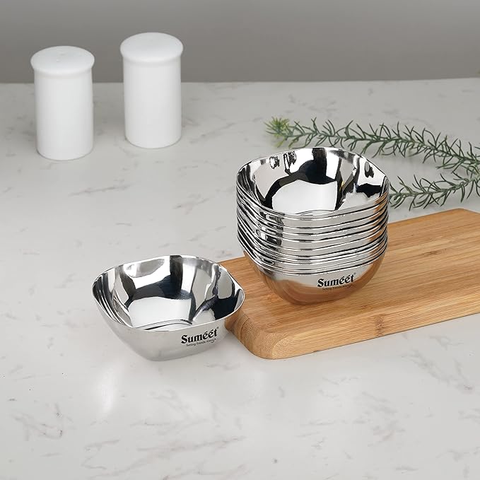 Sumeet Heavy Gauge Stainless Steel Apple Square Bowl Set of 12pc 200ml Each Silver