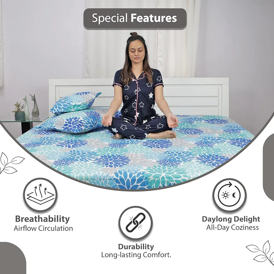Divine Casa 144 TC Super Soft 100% Cotton Bedsheet for Double Bed  144 Thread Count Floral Colour Blue Aqua