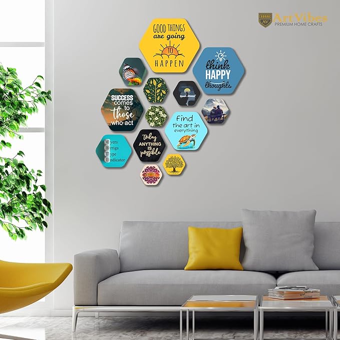 Artvibes Decorative Modern Wooden Wall Hanging Decoration for Home | Quotes Decor Item | Pack of 13 Pieces