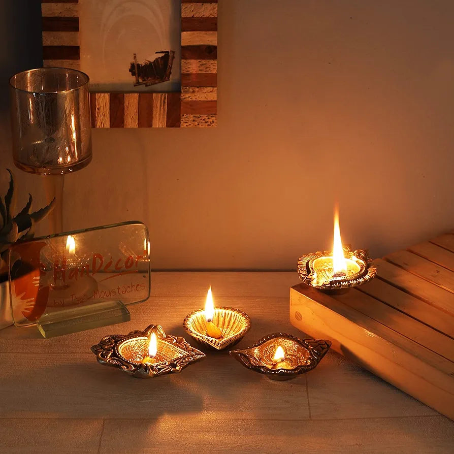 Two Moustaches Auspicious Set of 4 Brass Diyas Brass