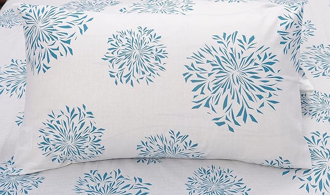 Huesland by Ahmedabad Cotton 144 TC Cotton Bedsheets for King Size Bed with 2 Pillow Covers | White (Blue Print)