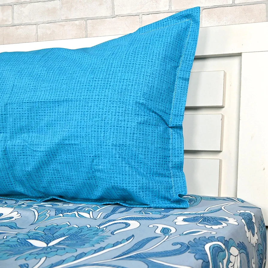 Divine Casa 144 TC 100% Pure Cotton Single Size Bedsheet with 1 Pillow Cover Floral Paisley Colour White Aqua Blue