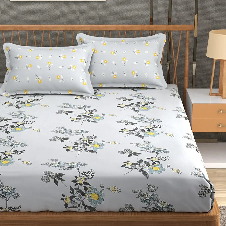 Fresh From Loom Floral XXL King Size Bedsheet for Double Bed 240 TC Hypoallergenic Soft Bed Sheet with 2 Pillow Cover Grey Sunflower
