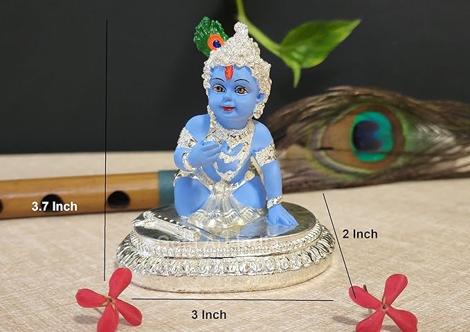 Gold Art India Ceramic Krishna Idol Standing Krishna Playing Basuri Flute Kanah JI Silver and Blue