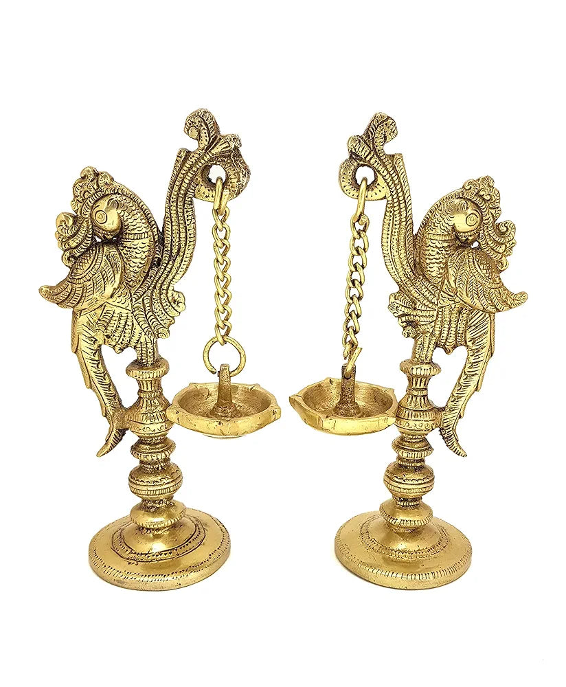 Two Moustaches 7 Inches Peacock on Pillar Design Brass Diya Pair