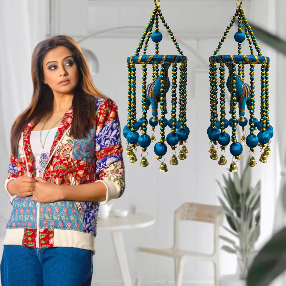 Kuber Industries Rajasthani Traditional Windchimes Hanging Ring Elephants with Bells