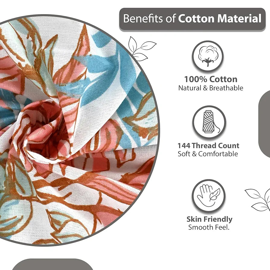 Divine Casa 144 TC Pure Cotton Double Bed Bedsheet with 2 Pillow Covers Floral Breeze Colour Coral Aqua