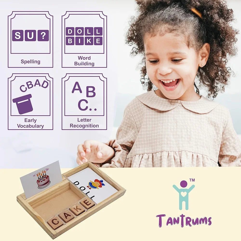 Tantrums Wooden Spelling Learning Game Set, Educational Letter Blocks with Flash Cards, Word Building Toy,for kids 3 Years And Up