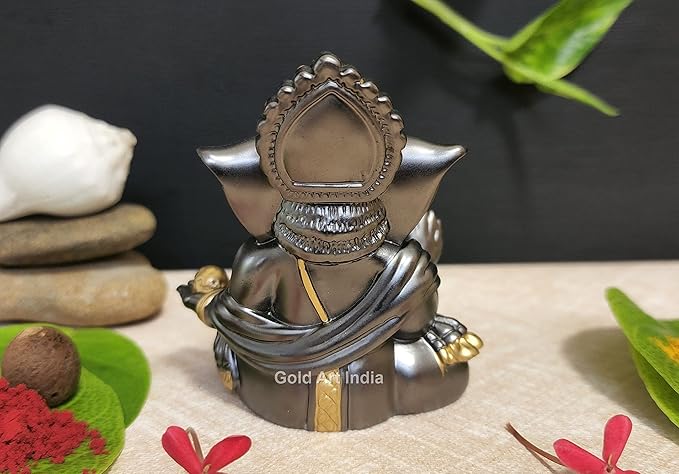 Gold Art India Gaddi Ganesha Idol Magnet Color with Golden Jewelry Perfect for Car Dashboards