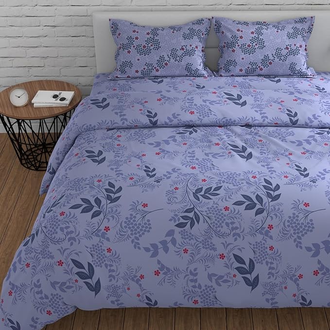 Huesland by Ahmedabad Cotton 144 TC King Size Bedsheet Cotton with 2 Pillow Covers | Botanical Bliss | Light Purple, Blue & Grey