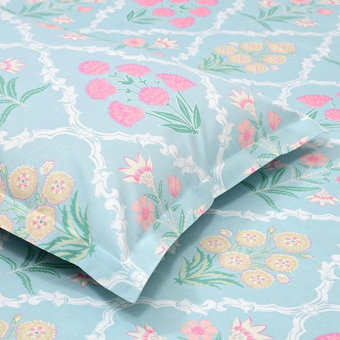 Haus & kinder Cotton Queen Size Bedsheet for Double Bed 90 X 100 Inches) with 2 Pillow Covers | 186 TC |Blue Floral Geometry