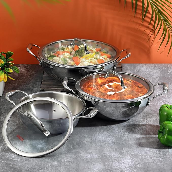 Vinod Platinum Triply Stainless Steel Extra Deep Kadai with Glass Lid 3.2 Litre (24 cm) | 2.5mm Thick | Kadai for Cooking