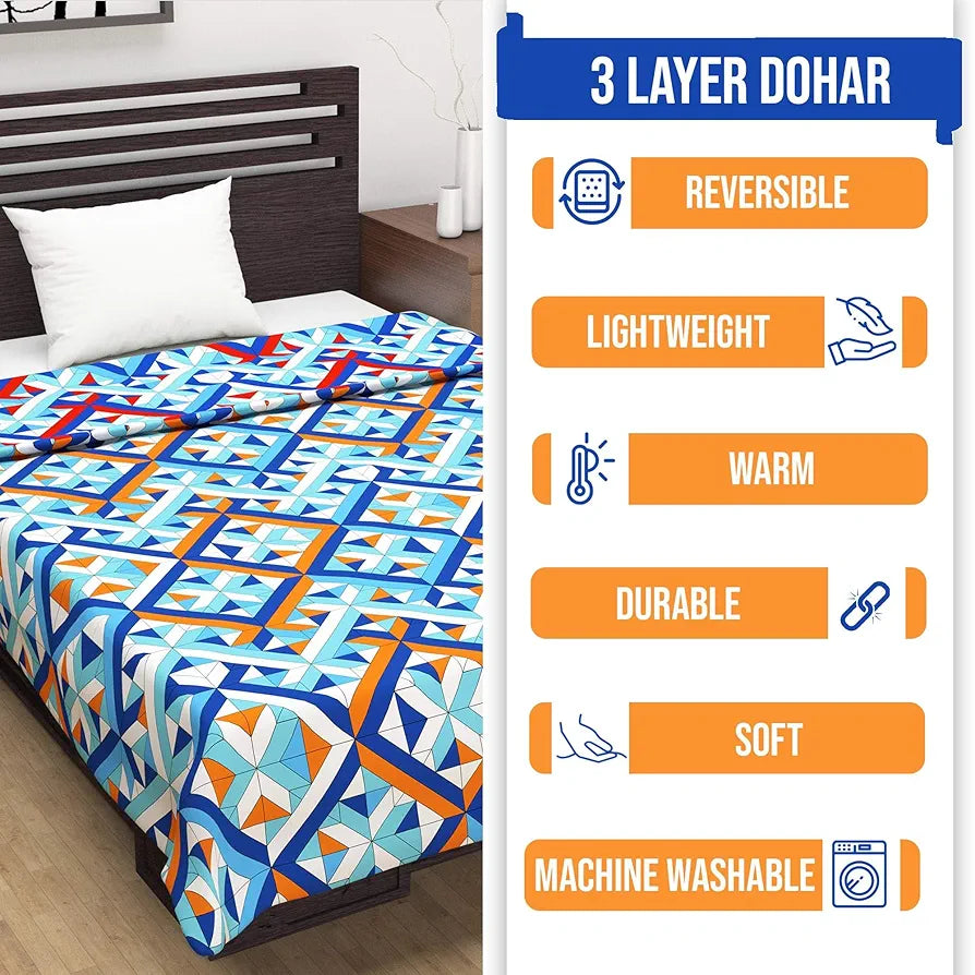 Divine Casa 120 GSM Microfiber Single Dohar Soft & Lightweight Throw Blanket Tessellate Pattern Colour Blue-Red & Orange