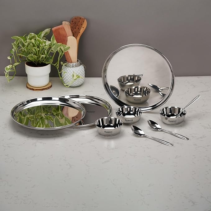 Sumeet Stainless Steel Heavy Gauge Mirror Finish Dinner set of 9 Pcs  Silver