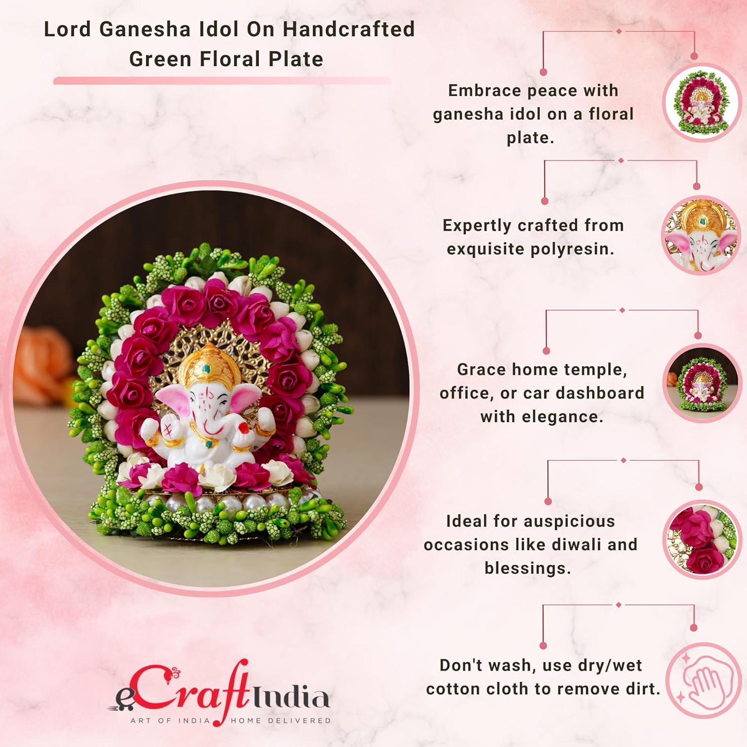 Ecraftindia Resin Lord Ganesha Idol on Decorative Green Pink Floral Plate | Ganesha Idol