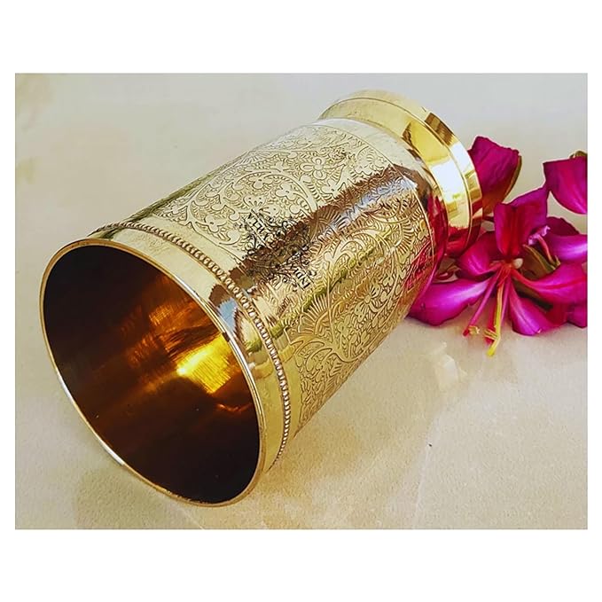 Indian Art Villa Pure Brass Glass Tumbler With Embossed Design For Drinking Serving Water