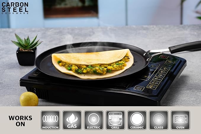 Sumeet Super Smooth Pre Seasoned Carbon Steel (Iron) Flat Tawa for Dosa 26cm Black