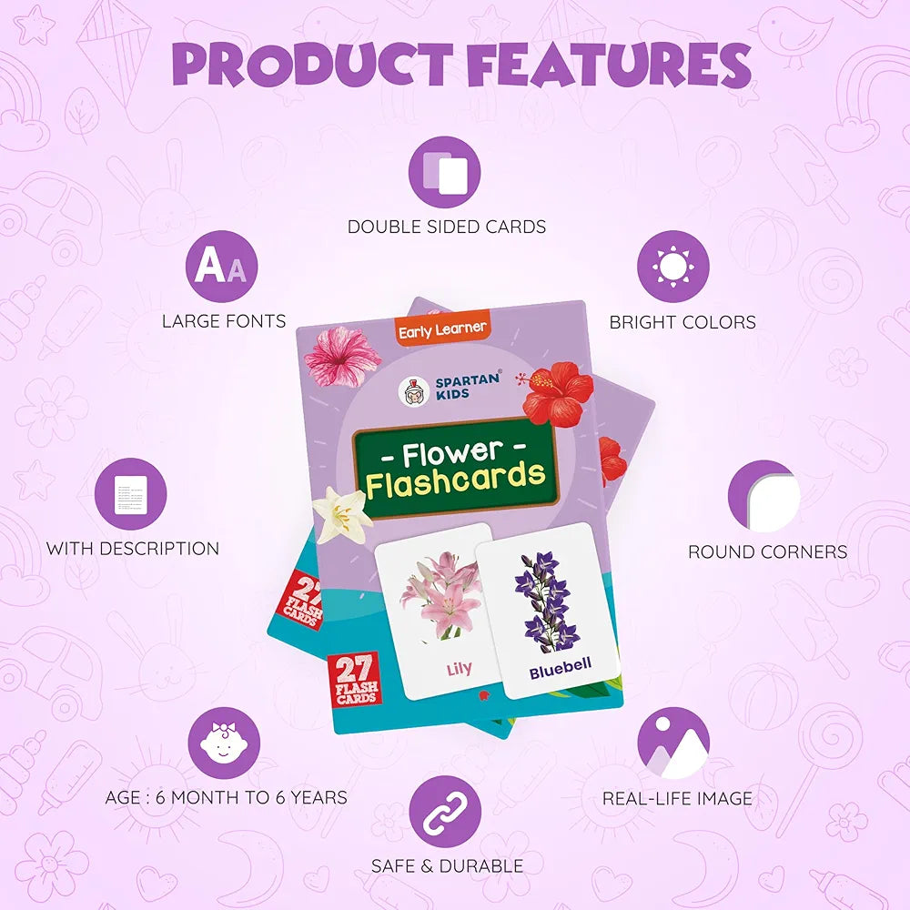 SPARTAN KIDS Flower Flash Cards for Kids | 27 Early Learning Flash Cards Easy & Fun Way of Learning 1 Year to 6 Years Babies, for Cognitive_Skills