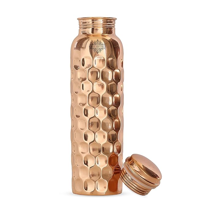 Indian Art Villa Pure Copper Water Bottle with Diamond Hammered Design Design