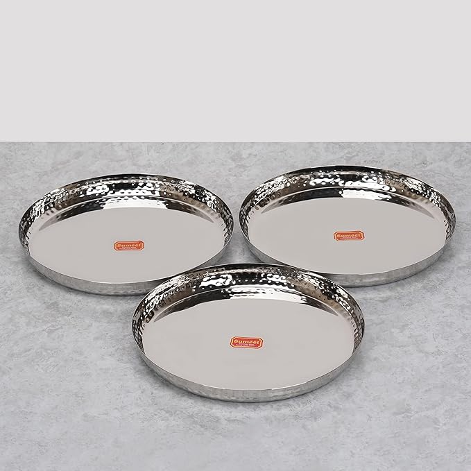Sumeet Stainless Steel Handcrafted Hammered Texture Heavy Royal Dinner Plate set of 3 Pc 29.5cm