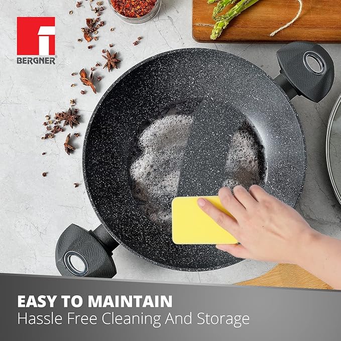 Bergner Orion Nonstick 24 Cm Shallow Kadai | Glass Lid | 2.3 Litres