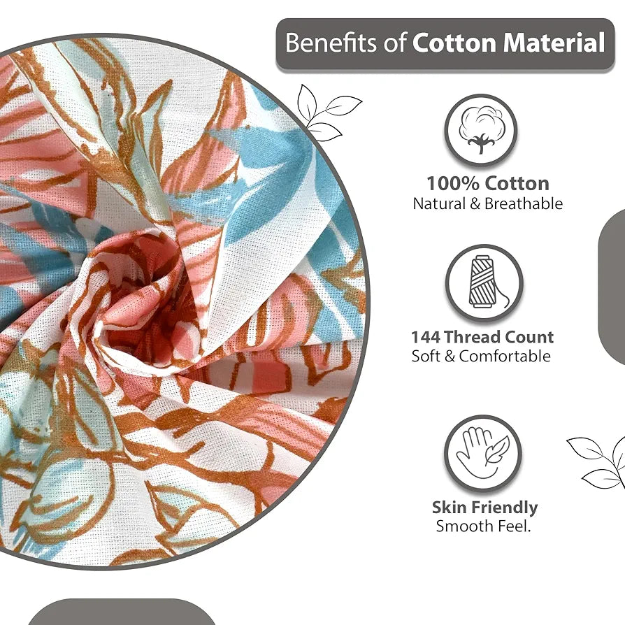 Divine Casa 144 TC 100% Pure Cotton Double Bed Bedsheet with 2 Pillow Covers Tropical Floral Colour Aqua Red