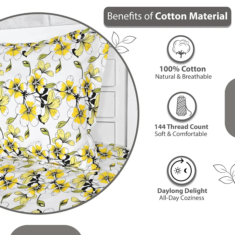 Divine Casa Bedsheet for Single Size Bed 144 TC Cotton Bedsheet for Single Size Bed with 1 Pillow Cover  Floral Colour Golden Daffodil