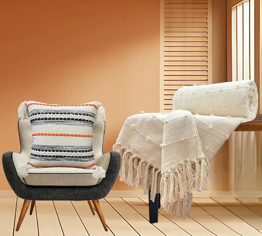 Sajavat Home Hand-Knitted Pure Cotton 3 Seater Sofa Throw & Cushion Cover Colour Beige Throw & Multi Cushion