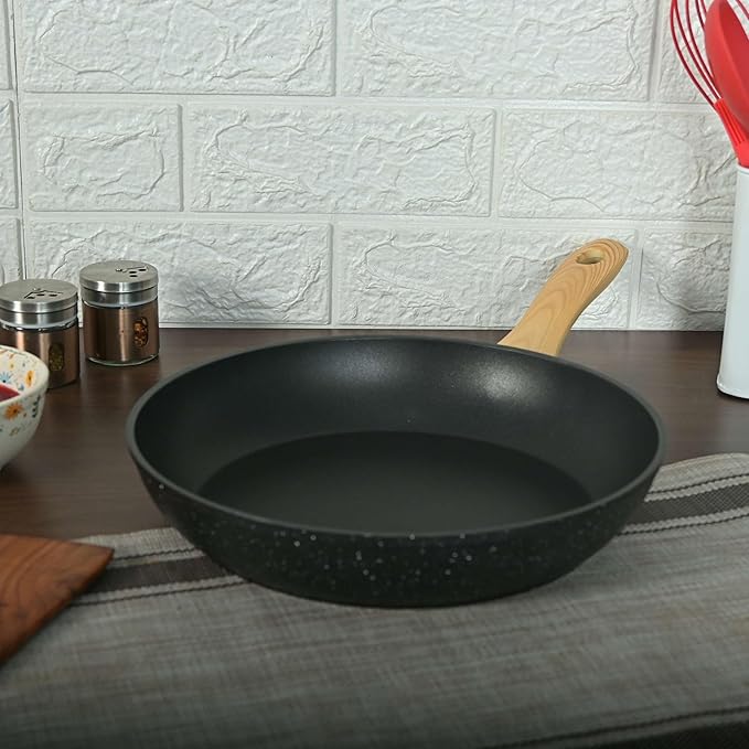 Femora Foged Die Cast Aluminium Non Stick 26 Cm Frypan With Wood Finish Handle | Granite Finish | Induction & Gas Ready