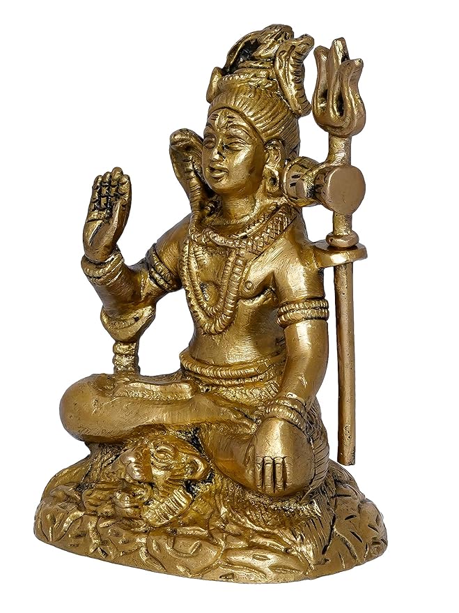 Ecraftindia Golden Brass Handcrafted Blessing Lord Shiva Statue With Trishul, Damru | Hindu God Idol for Puja Room