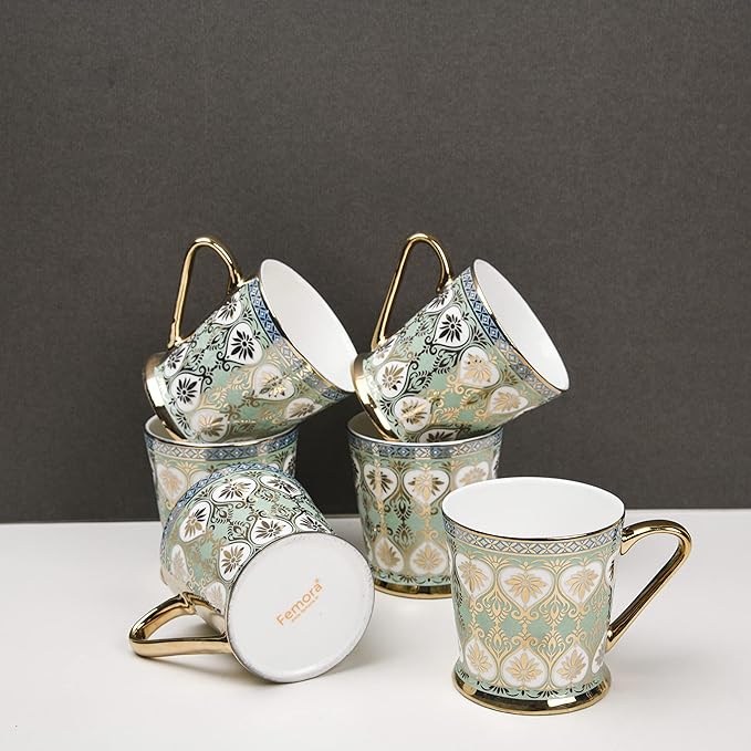 Femora Golden Leaves Pattern Golden Tea Mugs, Ceramic Tea Cups, Coffee Mugs | 160 Ml | Golden | 6 Pcs Set | Not Microwave Safe
