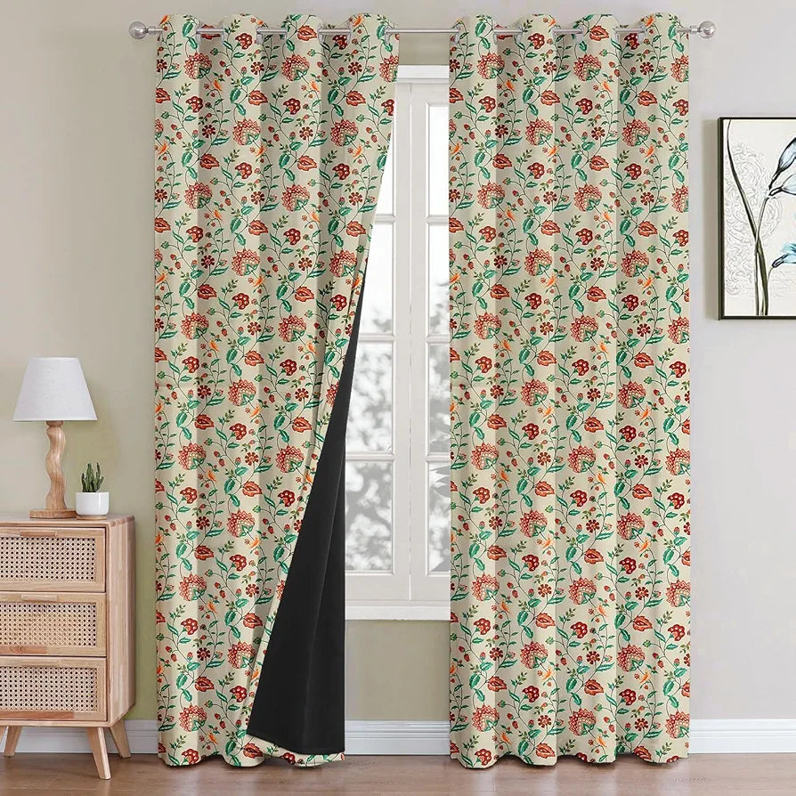 Cloth Fusion Blackout Printed Premium Door Curtains 7 Feet Long Set of 2 Red Flower