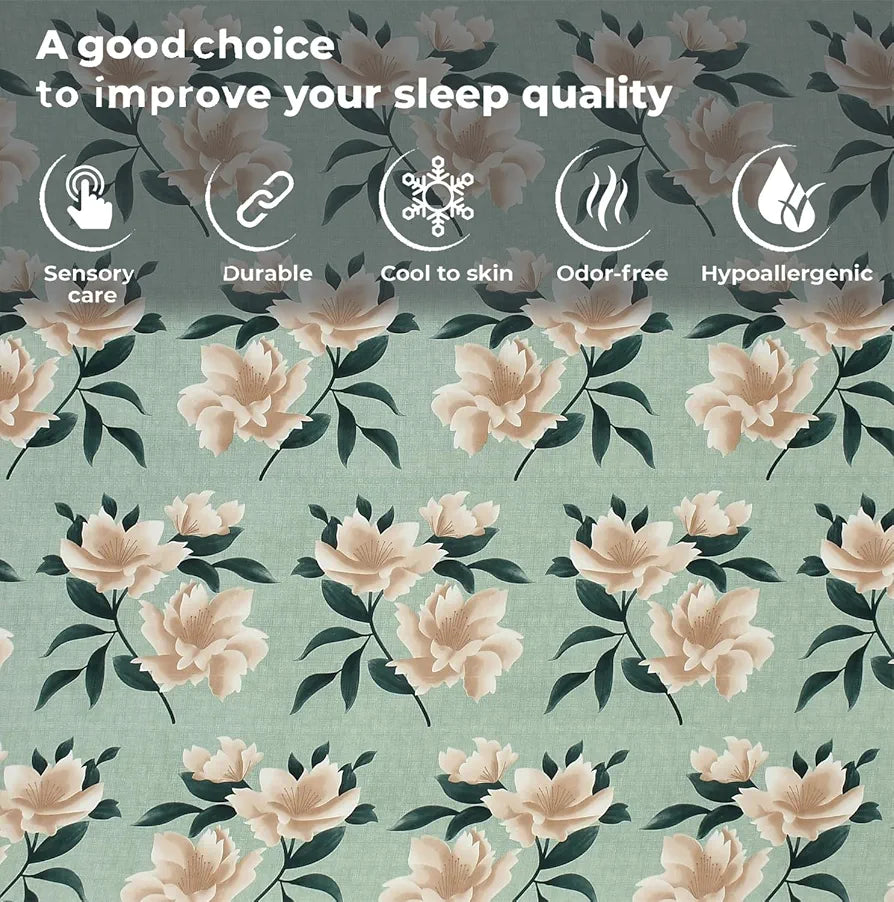 Fresh From Loom Single Bed Floral Design Microfiber Single Bedsheet Includes 1 Pillow Covers 144 TC Sea Green