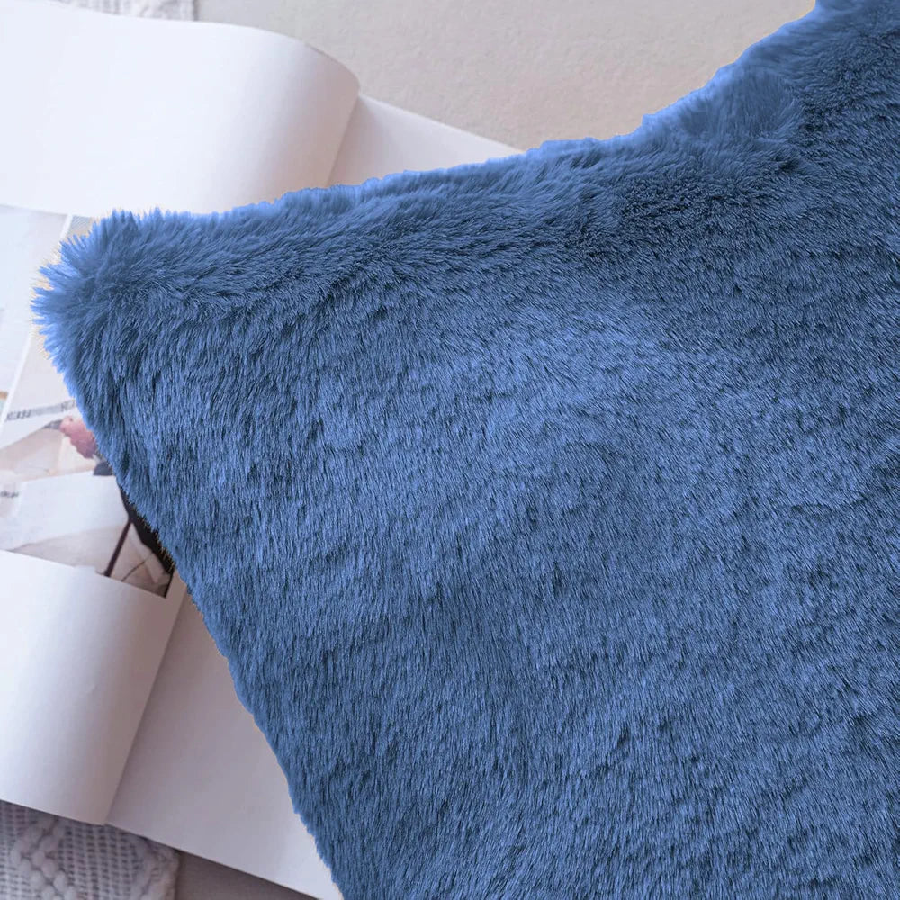 Luxe Home Cushion Cover Duble Side Rabbit Fur Plain Design Covers Set of 2 for Sofa Colour Blue