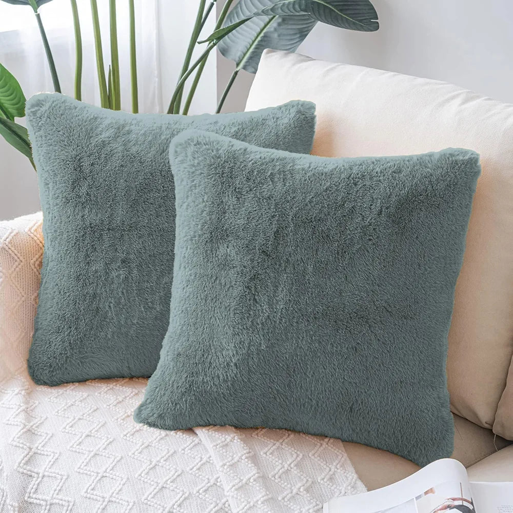 Luxe Home Cushion Cover Duble Side Rabbit Fur Plain Design Covers Set of 2 for Sofa Colour Seige