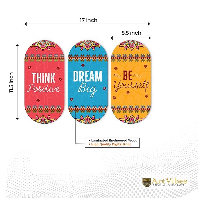 Artvibes Positive Quotes Printed Wooden Wall Hanger for Home | Set of 3