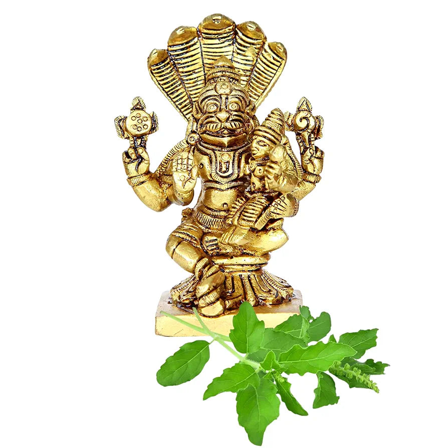 anciently Lakshmi Narasimhar Statue | Lakshmi Narasimha Statue | Lakshmi Narasimhar Idol | Lakshmi Narasimha Swamy Idol Brass 9cm Height, Brass, Gold Colour
