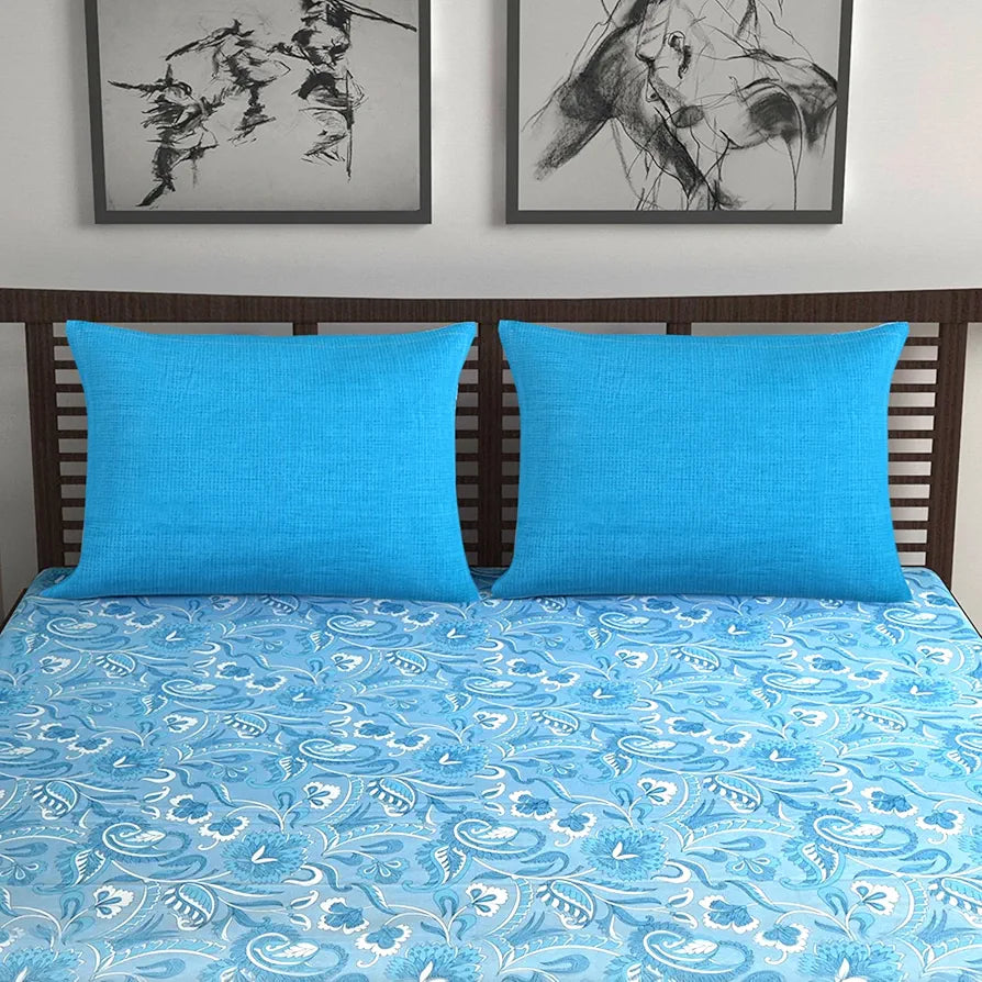 Divine Casa 144 TC Pure Cotton Double Size Bedsheet with 2 Pillow Covers Floral Paisley Colour White Aqua Blue