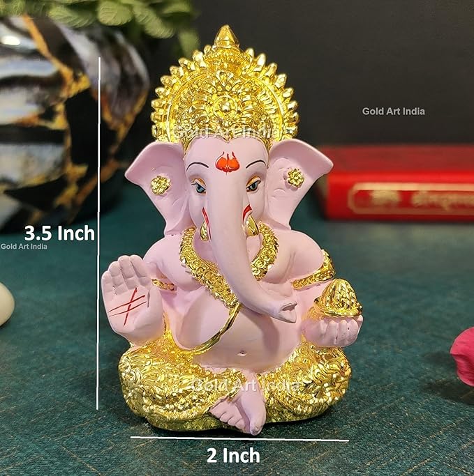 Gold Art India Gold Plated Ganesha with Terracotta Colour Perfect for Car Dashboards (MukutGoldPink)