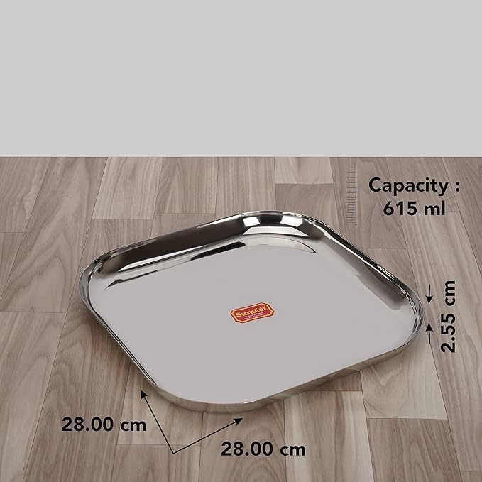 Sumeet Stainless Steel Big Square Shape Plate Set of 3pcs 28cm Silver