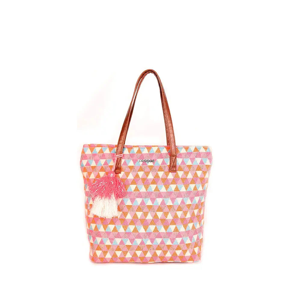 Astrid Handmade Macrame Flap Over Sling Bag For Girls And Women Colour Peachy White Triangles