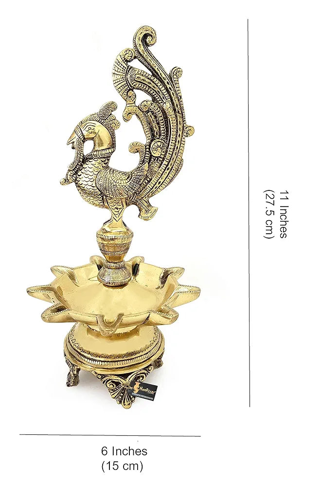 Two Moustaches Peacock Design 9 Oil Wick Brass Diya