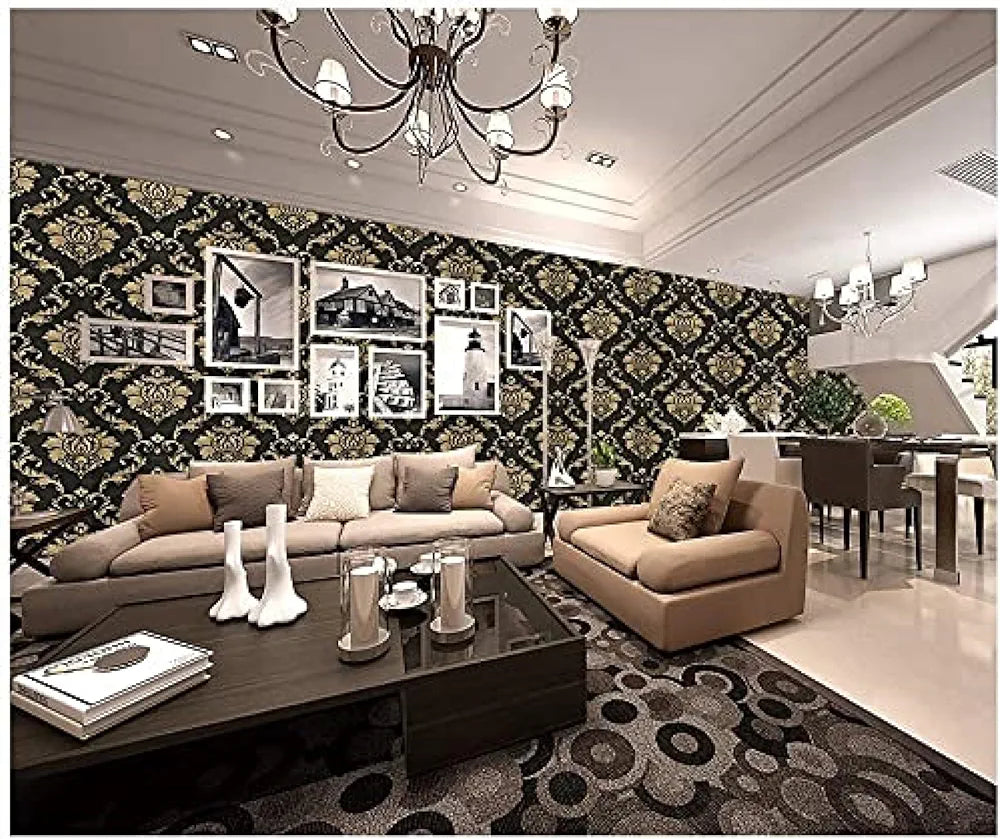 Jaamso Royals Black Color With Golden Damask Hall Wallpaper for Walls